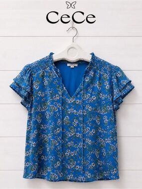 Blue Floral Ruffle Sleeve Top - CeCe - Size S💙